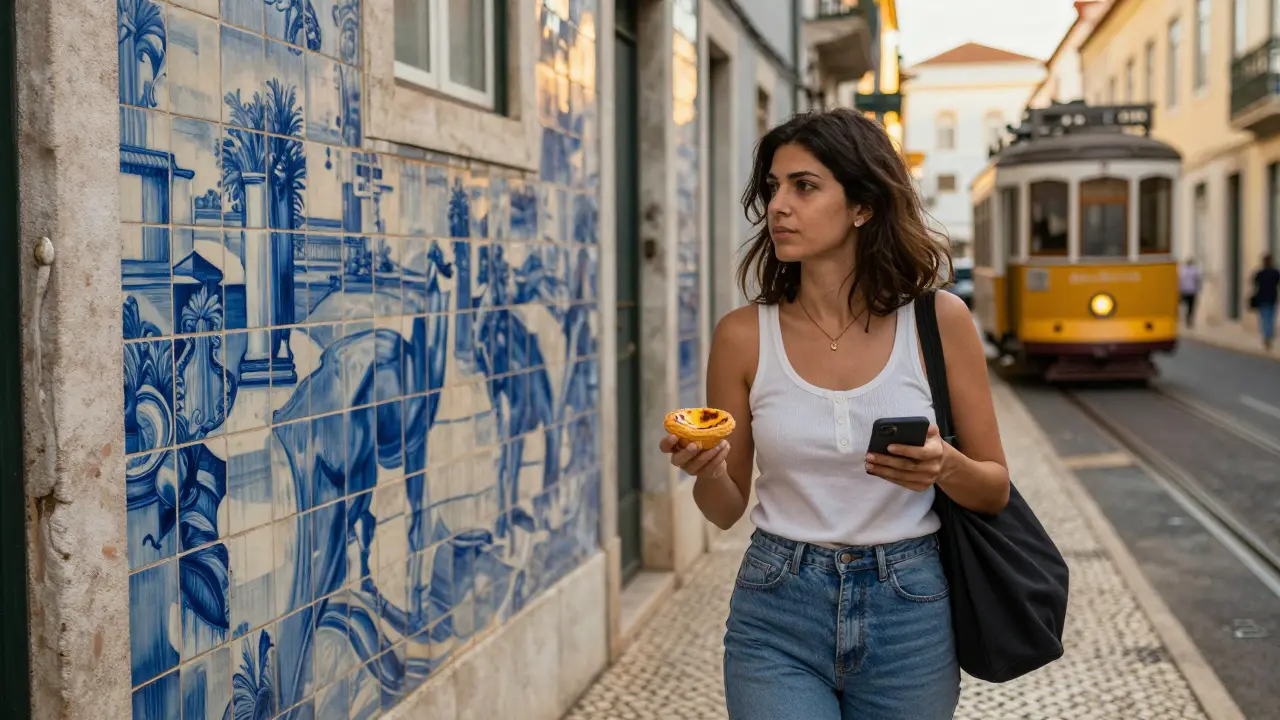A woman walking through Lisbon's tiled alley holding a pastel de nata, late afternoon light reflecting off the walls.