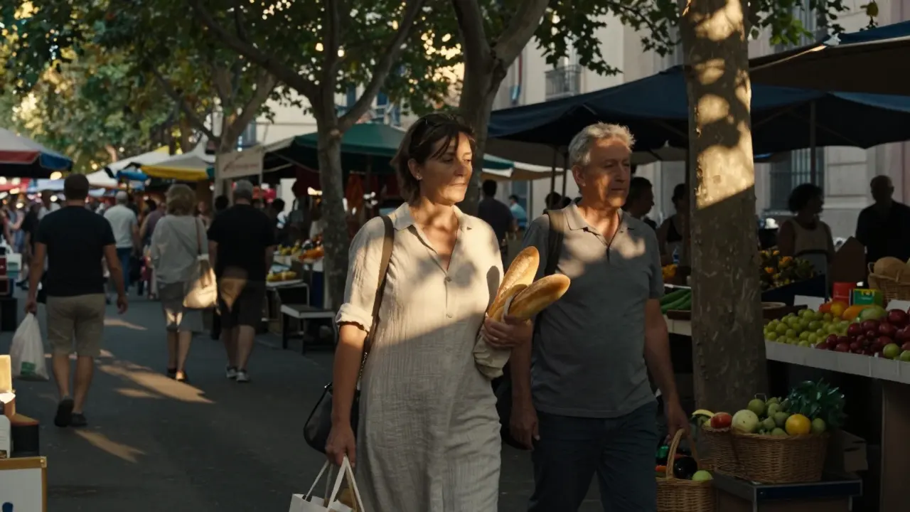 A woman walks through a market with a partner, holding bread, under a tree at golden hour.