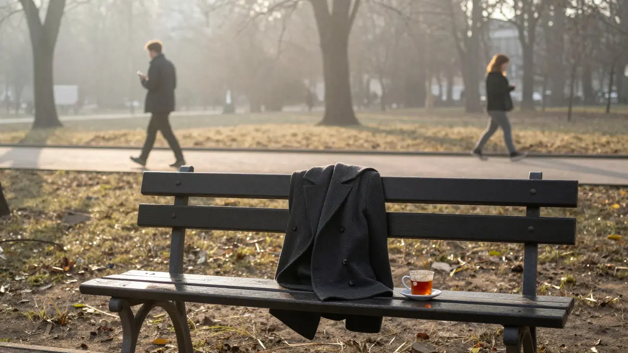 An empty park bench at dawn in Budapest, a coat and tea cup left behind, mist rising.