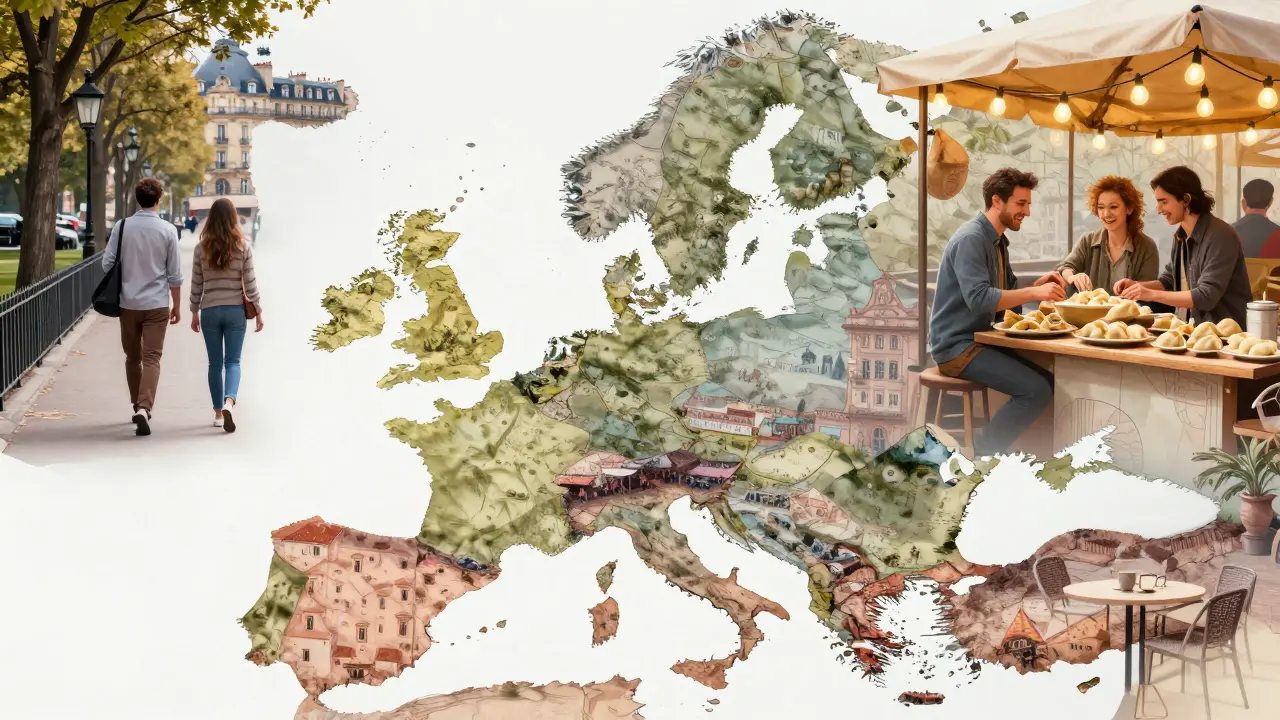 Collage of European scenes showing diverse dating moments across cities.