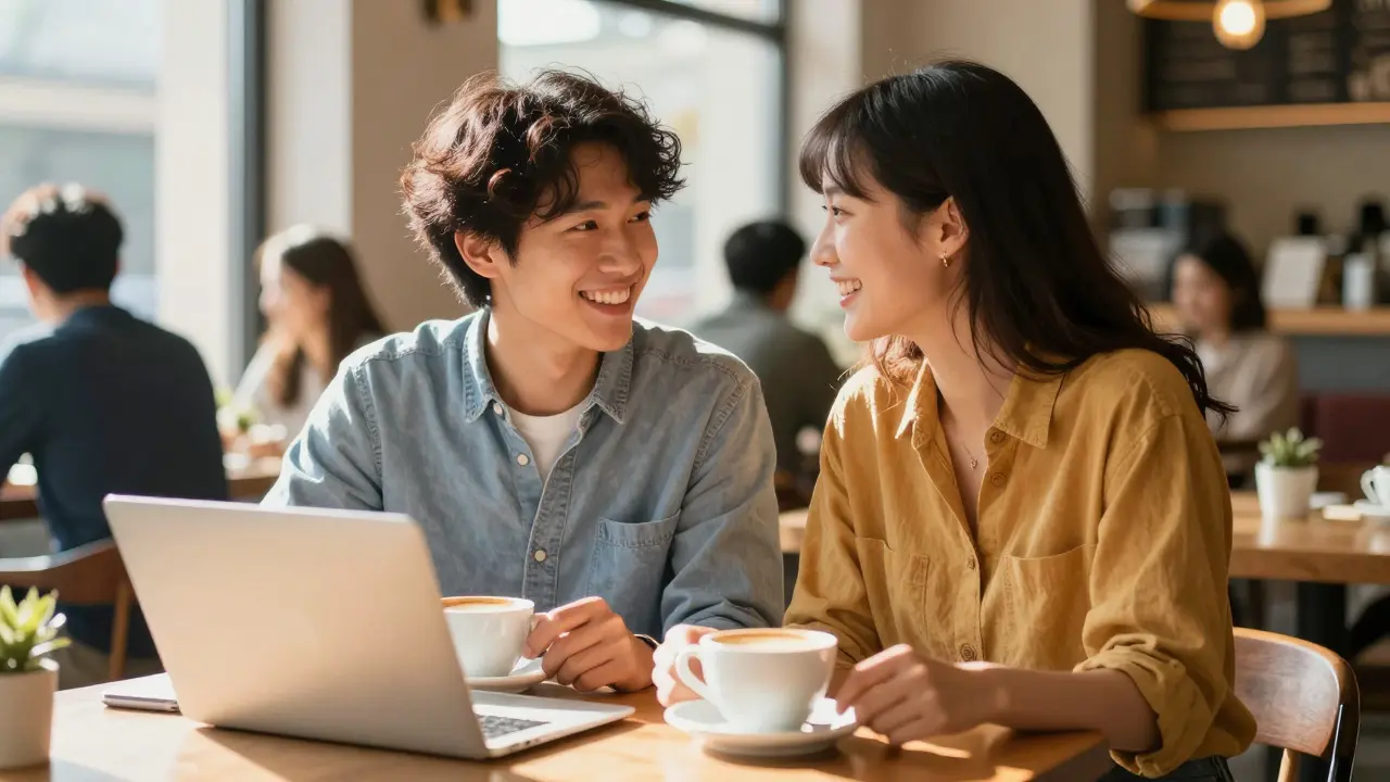 Couple smiling while having coffee in café, warm sunlight, genuine connection.