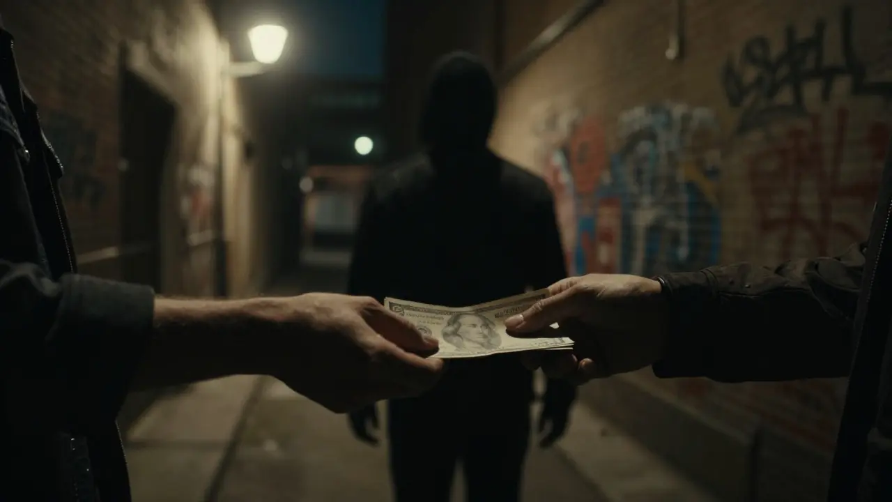 Hands exchanging cash in dim alley with blurred figure, high contrast shadows.
