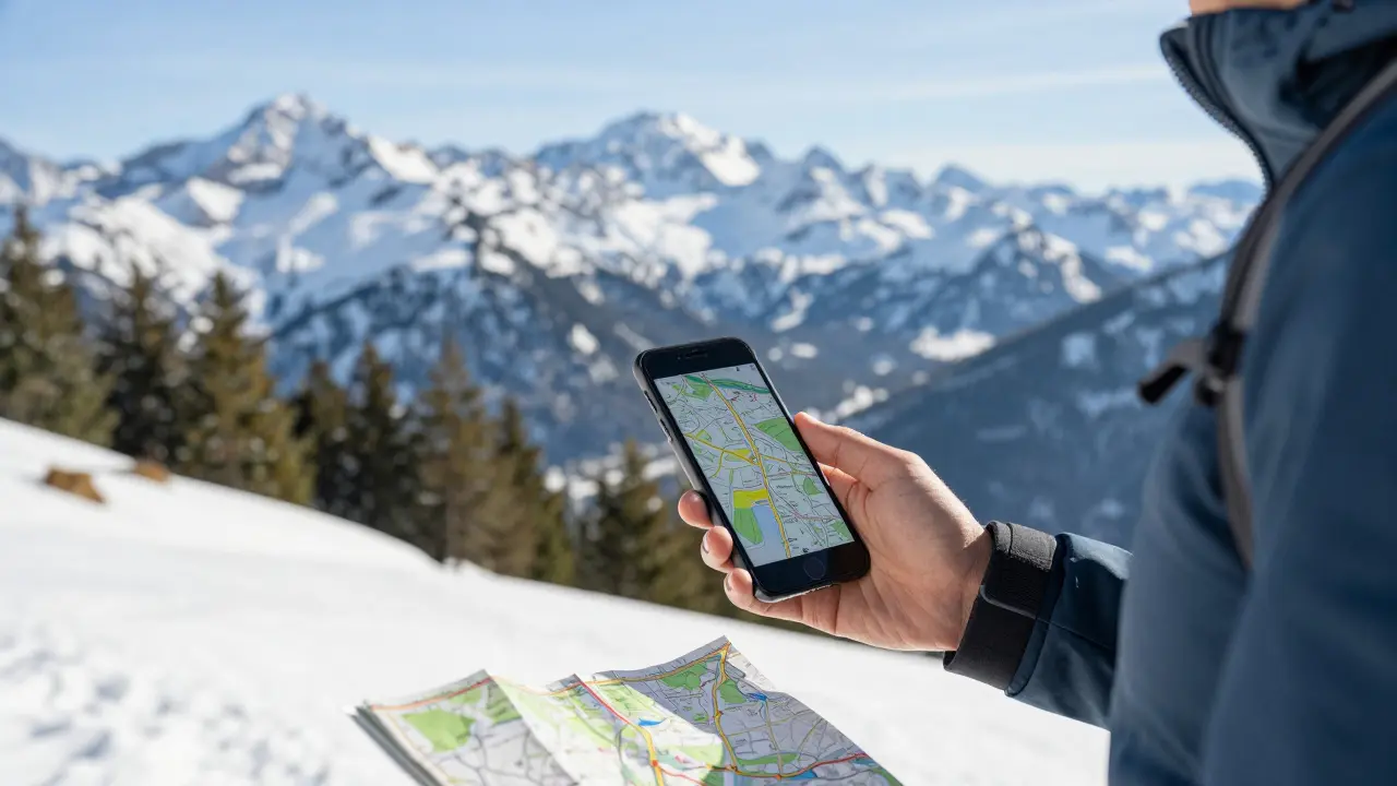 Hiker on German Alpine trail referencing trail map