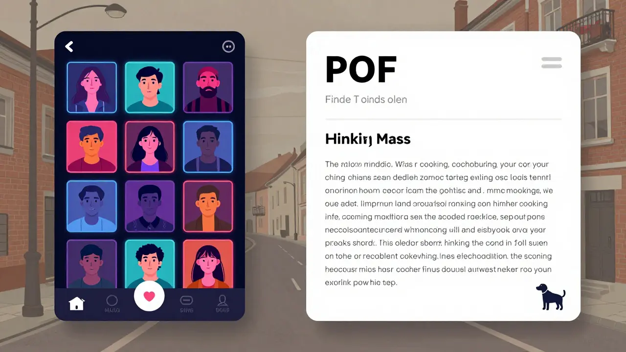 Side-by-side comparison of Tinder's swipe interface and POF's detailed profile page.