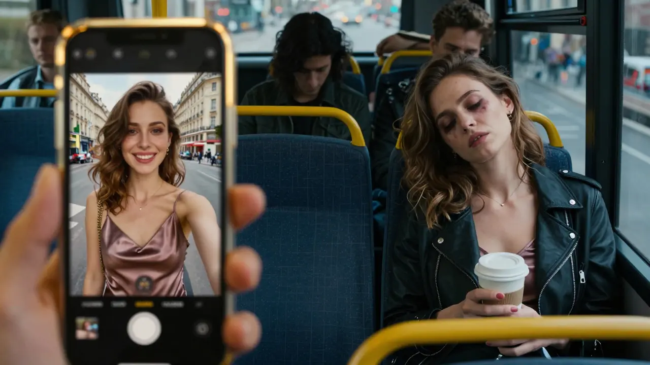 Split image: curated online selfie vs. real-life exhaustion of a woman in Warsaw.