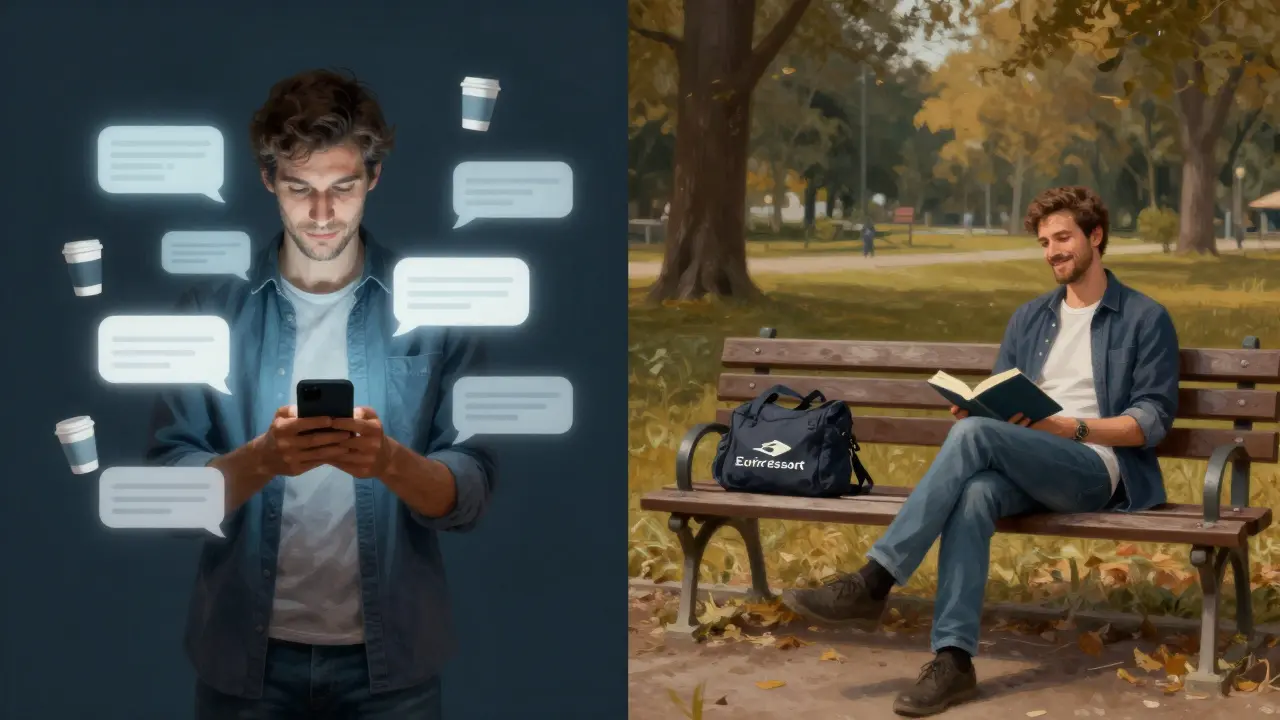 Split-screen: left shows lonely phone swiping, right shows peaceful companionship on a park bench.