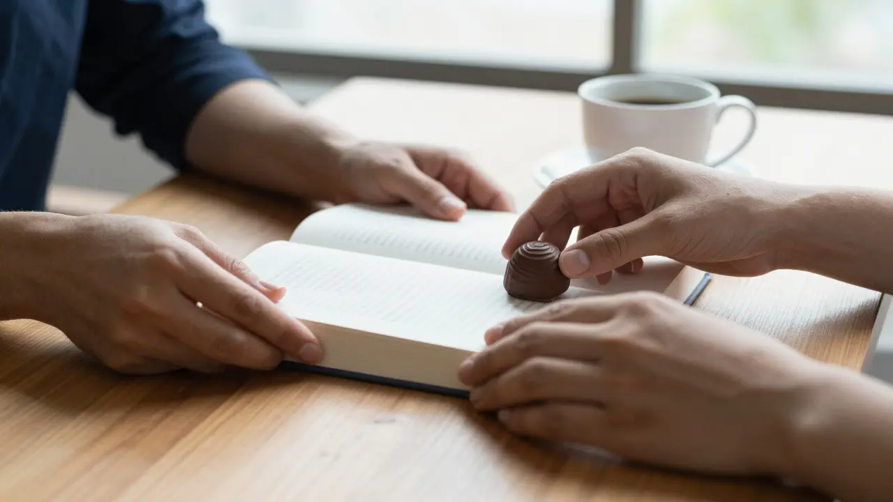 Two hands on a wooden table, one placing a chocolate beside a book, symbolizing thoughtful connection.