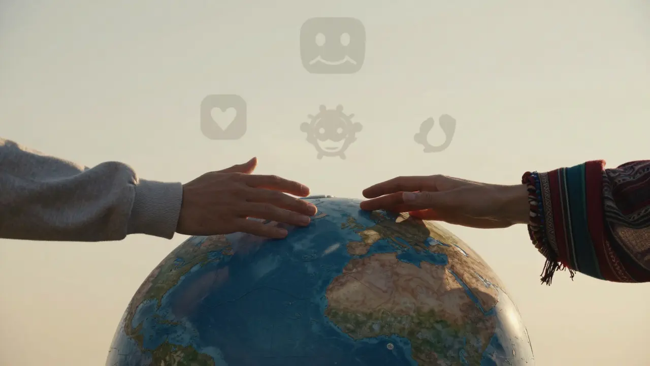 Two hands reaching across a globe, symbolizing connection between Americans and Europeans through dating apps.