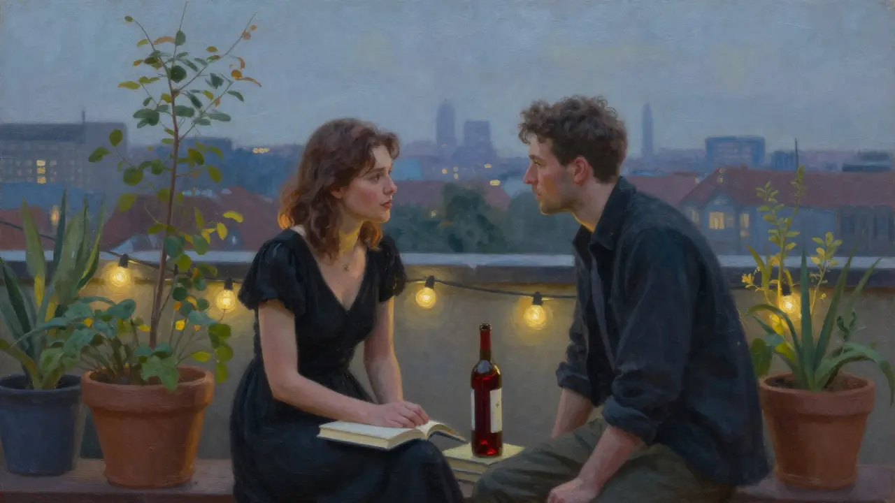 Two people converse thoughtfully under soft rooftop lights in Berlin, surrounded by books and plants.