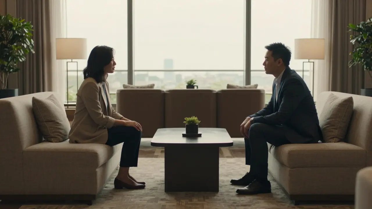 Two people meeting cautiously in a hotel lobby for first appointment