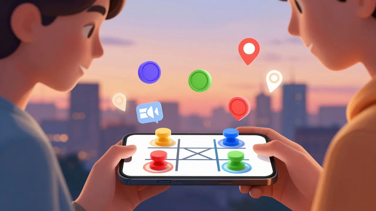 Two people playing a game on a phone with floating game pieces and soft city lights behind them.